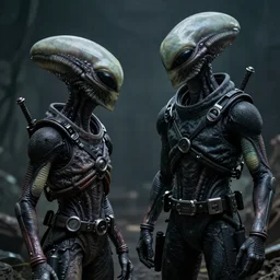 An dramatic, hyperrealistic, photorealistic image of an badass MIB encountering an alien for the first time, detailed, ominous, matte colors