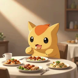 meowth eating dinner at a table happiness is temporary by greg rutkowski