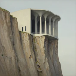 A cliff with a collapse cathedral along its edge, precisionist style, incredibly detailed matte painting, Charles Sheeler, Zaha Hadid