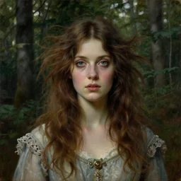 a beautiful and eerie baroque painting of a gorgeous young woman from vermont, with wild hair and haunted eyes, 1 9 7 0 s, woodland, afternoon light, delicate embellishments, painterly, by mary jane ansell