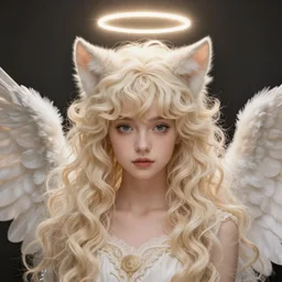 Portrait of a girl angel with cream colored fuzzy frizzy hair, cat ears, glowing halo, wings, fantasy, intricate, elegant, highly detailed, digital painting, artstation, concept art, smooth, sharp focus, illustration, art by Krenz Cushart and Artem Demura and alphonse mucha
