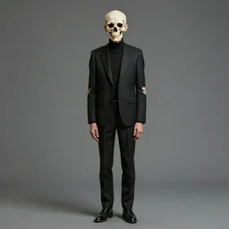 full length portrait of skinny old man with parchment colored boney head, wearing a black high necked suit with patched elbows 8 k realistic hyper detailed artstation concept art