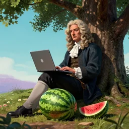 sir isaac newton sitting under a tree on a hill holding a macbook - pro, a big crushed watermelon is lying on the ground next to him, in the style of cyberpunk