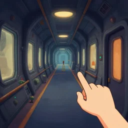 in a corridor, inside a large spaceship, from a point and click 2 d graphic adventure game, art inspired by thomas kinkade and bill alexander