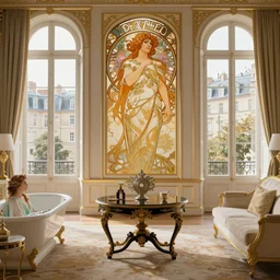 Living room with daenerys in his bath, Alphonse Mucha, art nouveau, luxury, artstation, center focus on table, hyper realistic, 8K, warm lighting, white gold black, antique, large windows to french town