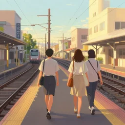 walking around ozu city and shimonad station, ehime, japan. volumetric lighting, hot summer evening, golden hour, realistic illustration, perfectly shaded, soft painting, art by krenz cushart and wenjun lin