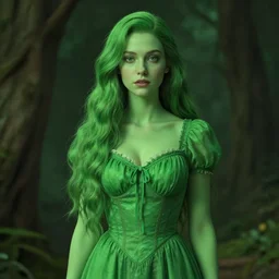 a portrait of a the green lady in a dress with long hairs, art by James Jean and Wayne Barlowe, high detail, cinematic, cgsociety 8k