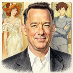 tom hanks smirk, colored pencil, portrait painting by richard schmid, thomas moran, studio ghibli, loish, alphonse mucha, fashion photography