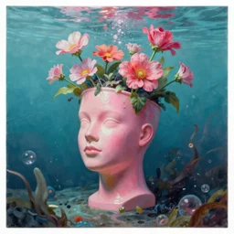 award winning masterpiece with incredible details, a surreal vaporwave vaporwave vaporwave vaporwave vaporwave painting by Thomas Cole of an old pink mannequin head with flowers growing out, sinking underwater, highly detailed