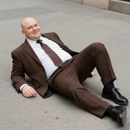 A smiling chubby white clean-shaven man dressed in a chocolate brown suit and necktie and black shoes is laying on the ground in New York city.