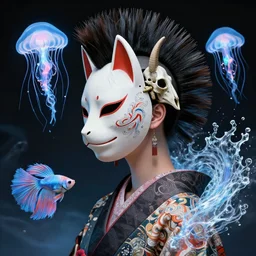 3 d goddess close - up profile portrait punk buddhist with mohawk with goat skull. beautiful intricately detailed japanese crow kitsune mask and clasical japanese kimono. betta fish, jellyfish phoenix, bio luminescent, plasma, ice, water, wind, creature, artwork by tooth wu and wlop and beeple and greg rutkowski