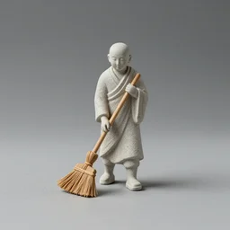 a monk holding a broom sweeping floor, miniature minimal sculpture of stone and wood,