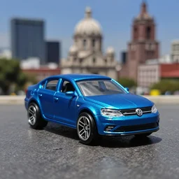 centered 3 5 mm photo of metallic blue volkswagen jetta like hot wheels model with mexico city as background, epic cinematic, epic lighting