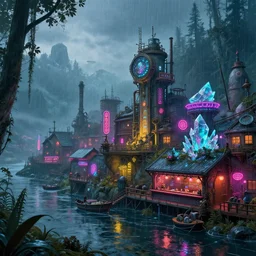 a beautiful photorealistic illustration of fishing village industrial architecture city building by noah bradley, lightpaint rainforest at dawn neon signs tundra crystal cyberpunk thermal imaging hyperrealism steampunk forest myst neon noir scumm bar alien biopunk, archdaily, wallpaper, highly detailed, trending on artstation.