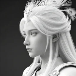 1 5 0 mm, hyper real, roots, white metallic armour, white peacock feathers, octane render, ultra detailed, bw close - up profile face, beautiful young porcelain intricate bio - mechanical vegetal - dragon - cyborg - female, 1 6 k, fine mandelbrot fractal lace, soft rim light, hg giger, elegant