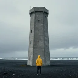 a concrete tower on a icelandic beach, a small character wearing a yellow hoodie standing in the front, by edward hopper, cinematic, matte painting, dystopia