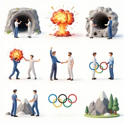 multiple close interacting human figurines as olympic icons, explosions!, caves!, holes, mountains, trees!!, tilt shift, concept art, illustration, sss, occlusion, high contrast, very long shadows, on white