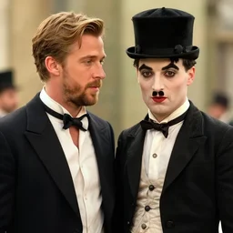 still of ryan gosling and margot robbie, in charlie chaplin movie