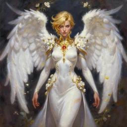 full body oil painting of tracer overwatch in the style of sophie anderson, angel wings, white dress, dramatic painting, symmetrical composition, ornate, high detail, gold detailed collar, blooming, lights, flowers,