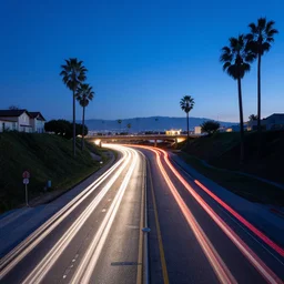 los angeles california including interstate 5, blue hour photography, light trails, photorealistic, cinematic lighting, highly detailed