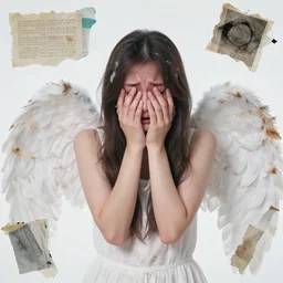 a young adult angelgirl soft crying with lots of hands on her face and ratty feathered angel wings, stressed and burnt out, collage effect, collaged, torn paper, torn paper collage, overexposure, overexposed, high exposure