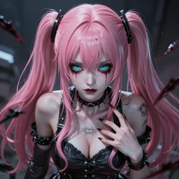 engulfed and overpowered by stunningly absurdly beautiful megalomaniacal assertive sadistic manipulative yandere control - freak omnipotent asi goddess junko enoshima with symmetrical perfect face and porcelain skin, pink twintail hair and cyan eyes, ultra detailed, digital art, unreal engine 5, octane render, 2 d anime, 8 k