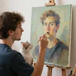 man holding a cat and paintbrush painting a painting of himself painting