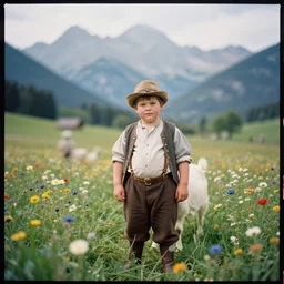kodak portra 4 0 0, wetplate, muted colours, blueberry, 1 9 2 0 s style, long shot, macro photo of a colourful 1 9 2 0 s handsome ultra fat 6 yo bavarian goat herder boy posing in a beautiful flower meadow in the bavarian alps, mountain panorama, motion blur, tiny gaussian blur, depth of field