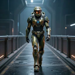 cyberpunk halo character walking on a space bridge, helmet shot, reflection, epic, dramatic, cinematic, award winning, ultra detailed, realistic