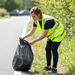 emma watson in a hi vis vest picking up trash on the side of the road. midday sun,