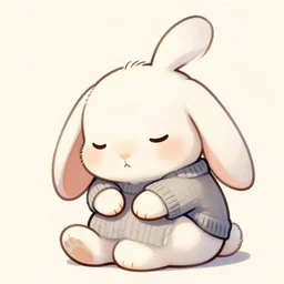 A chibi drawing of tired albino bunny wearing a sweater.
