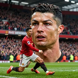 highly detailed rending of ronaldo being dragged out old trafford by man united by rioting fans after they get relegated from the premier league, highly detailed face, 8 k, accidentally renascence