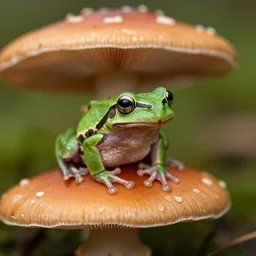 a tiny frog sitting on a mushroom, professional closeup photo