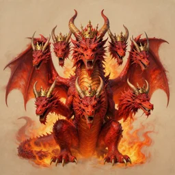 a great fiery red dragon with 7 heads wearing crowns, and ten horns, detailed matte painting by Mariusz Lewandowski, Giger and Jacek Yerka