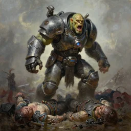 oil painting of lone giant orc in futuristic armor roars as it steps over it's fallen enemy's bodies, boris vallego
