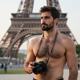 shirtless man with big hairy black chest hair and! a camera in his hand! standing in front of the eiffel tower early in the morning, photorealistic, 4 k, good composition, beautiful, smooth, aesthetic,