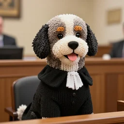 a closeup photorealistic photograph of a smiling knitted bernedoodle judge dog dressed in a black gown, presiding over the courthouse. indoors, professional capture, well lit shot. this 4 k hd image is trending on artstation, featured on behance, well - rendered, extra crisp, features intricate detail, epic composition and the style of unreal engine.