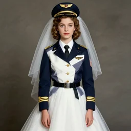 a portrait by norman rockwell of a beautiful girl detailed features wearing a pilot suit wedding dress synthetic materials, jumpsuits chic'techno fashion trend by nike
