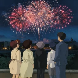 people watching firework at night, in the style of studio ghibli, j. c. leyendecker, greg rutkowski, artgerm