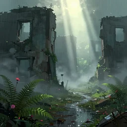 ruins, beautiful, atmosphere, vibe, mist, rain, puddles, fern, flowers, concept art illustration, color page, tone mapping, akihiko yoshida, james jean, andrei riabovitchev, marc simonetti, digital illustration, greg rutowski, volumetric lighting, sunbeams, particles