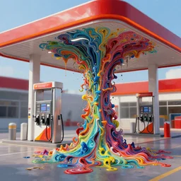 a beautiful insanely detailed modern gas station intricate detailed color smashing fluid oilpaint, 3 d render, hyper realistic detailed, color leaves, melting wax, fluid acrilic, thin fractal tendrils, ruan jia, wlop. scifi, fantasy, hyper detailed, octane render, concept art, by peter mohrbacher, by wlop, by ruan jia