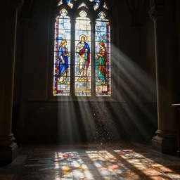 photo, sunlight and dust sparkling, shining through a beautiful stained glass window in a dark hallway, with ray showing on the floor, intricate details, extremely high quality, moody lighting, real camera, real caustics, real photo, 8 k, full subject in shot