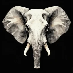 a stylized elephant skull, geometric patterns, front view, black background, unreal engine, concept art, album cover, dry brush wash
