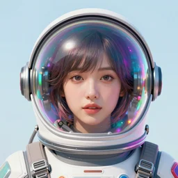 a beautiful girl with short hair, her head enveloped by an iridescent bubble spacesuit helmet, trending on artstation, vibrant colors, highly detailed