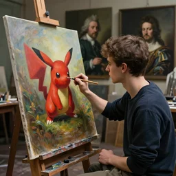 a young painter in his studio painting a picture of a red pokemon, by edgar maxence and caravaggio and michael whelan and delacroix style, artistic, intricate drawing, cinematic lighting, hyper realistic, extremely detailed, establishing shot, 8 k resolution, dramatic lighting