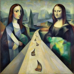 footsteps leading a path forward, abstract art in the style of cubism and lenardo da vinci and cubism,