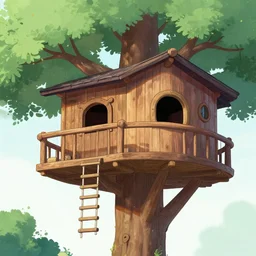 a comic picture of a cool tree house with a hanging ladder
