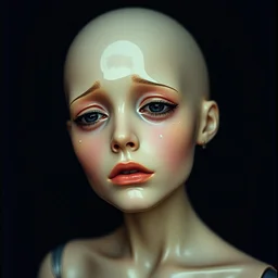 a beautiful masterpiece portrait photograph of a wistful weeping humanoid android with a pained look on her face, longing for solace by bill henson and andy warhol, forward facing, kodak portra 4 0 0, 5 0 mm, f 2. 8, trending on pinterest
