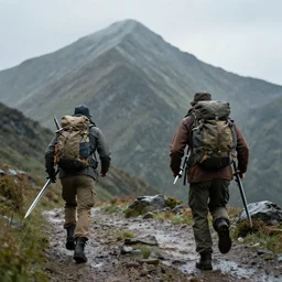 two adventurers with swords and backpacks running towards a mountain on a rainy day, detailed, interesting