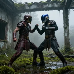 gladiator in a daft punk helmet fighting for his life in an abandoned building covered in moss, rainy and foggy